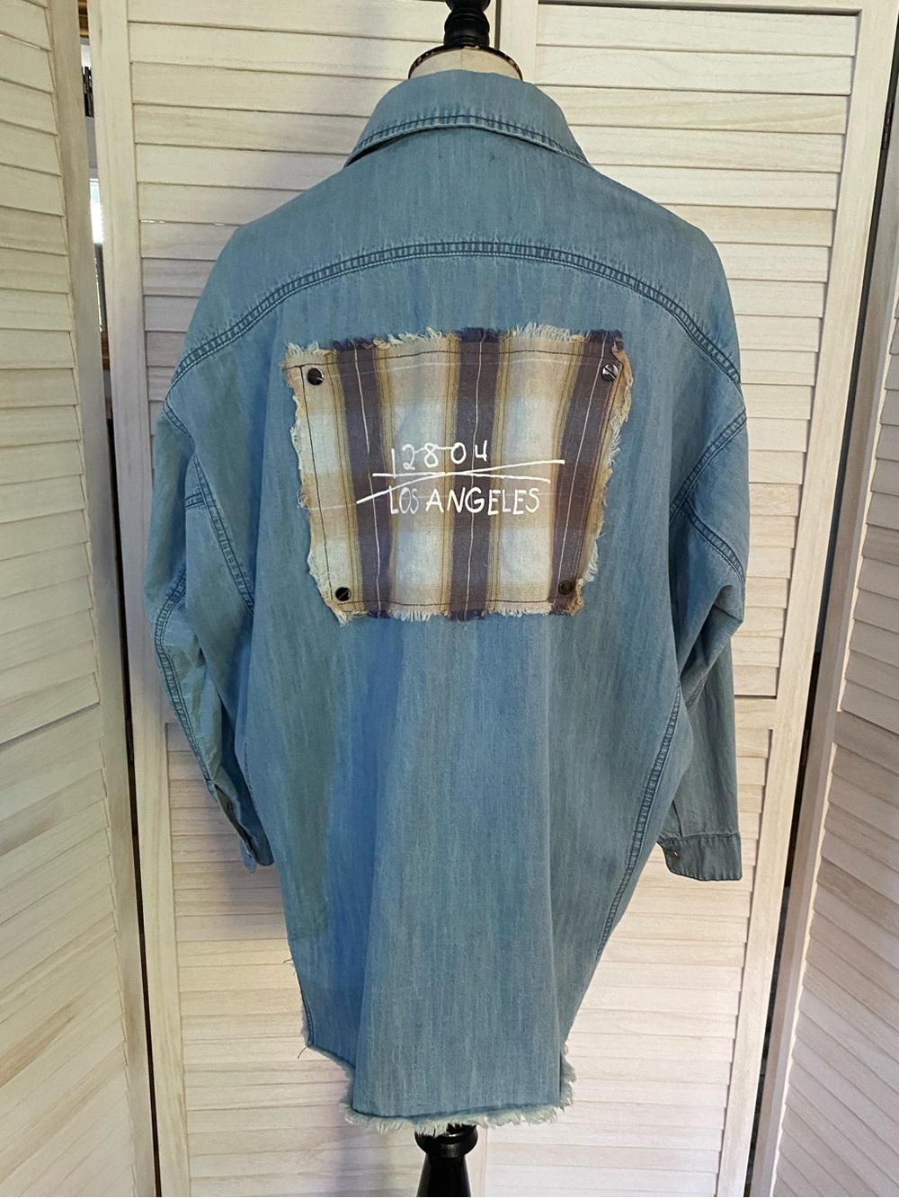 POL Blue Denim Button-Down Shirt/Shacket with Back Plaid Patch SZ S - Picture 7 of 14